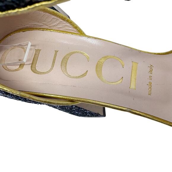 GUCCI Soko Bee Blue Glitter Platform Heels Gold
Trim Ankle Strap Size 38.5 - Picture 12 of 16